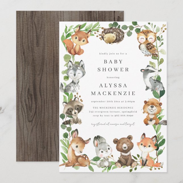 Woodland Animals Baby Shower Invitation Einladung (Vorne/Hinten)