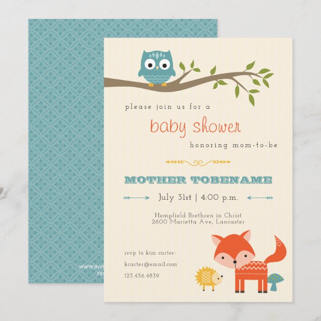 Woodland Animals Baby Shower Invitation - Eule, Fu Einladung (Vorne/Hinten)