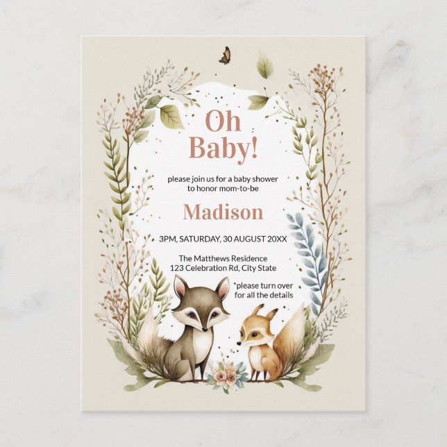 Woodland Animals Baby Shower Invite Girl Postkarte (Vorderseite)