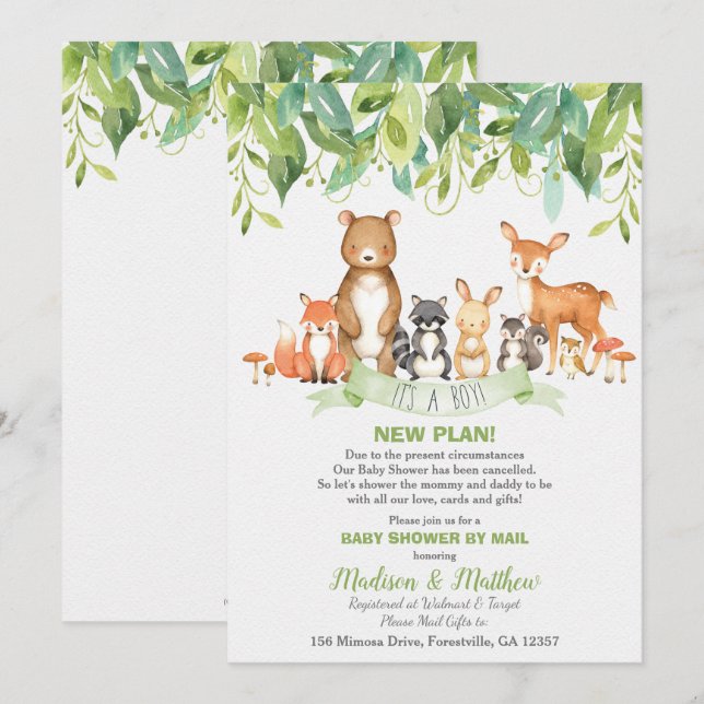 Woodland Animals Baby Shower von Mail Greenery Boy Einladung (Vorne/Hinten)