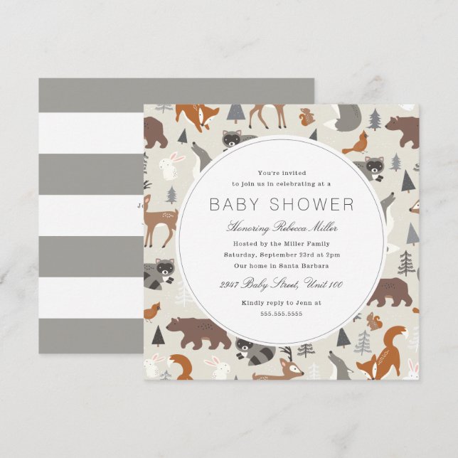 Woodland Animals Babydusche Einladung (Vorne/Hinten)