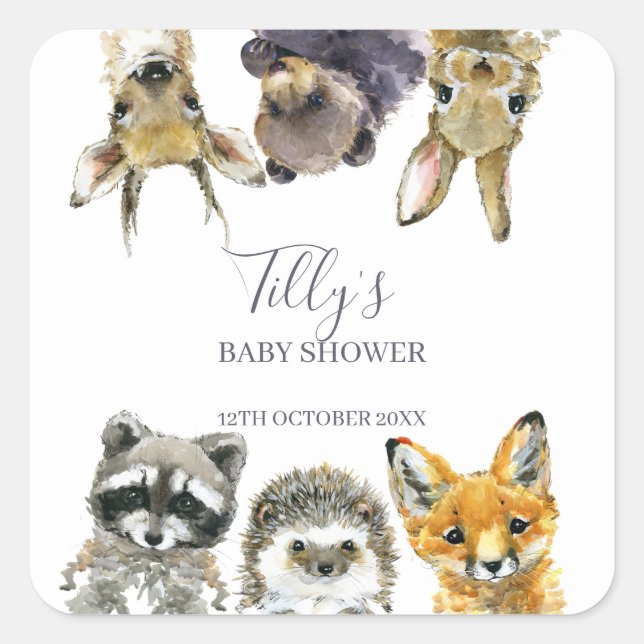 Woodland Animals Babydusche Quadratischer Aufkleber (Vorderseite)