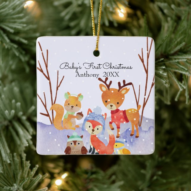 Woodland Animals Baby's First Christmas Keramikornament (Baum)