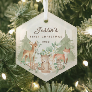 Woodland Animals Baby's First Christmas Ornament Aus Glas
