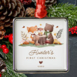 Woodland Animals Baby's First Christmas Ornament Aus Metall<br><div class="desc">This cute baby's first Christmas ornament features woodland animals, including a fox, bunny rabbit, owl, and bear. The ornament can be easily personalized with the baby's name and date. The design is simple and whimsical, with the woodland animals arranged around a tree log. The ornament is perfect for celebrating the...</div>
