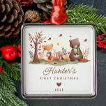 Woodland Animals Baby's First Christmas Ornament Aus Metall<br><div class="desc">This cute baby's first Christmas ornament features woodland animals, including a fox, bunny rabbit, owl, and bear. The ornament can be easily personalized with the baby's name and date. The design is simple and whimsical, with the woodland animals arranged around a tree log. The ornament is perfect for celebrating the...</div>