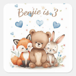 Woodland Animals Bear Fox Bunny Blue Hearts Boy   Quadratischer Aufkleber