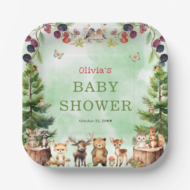 Woodland Animals Berry Blume Kinderdusche Pappteller (Vorderseite)