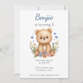 Woodland Animals Birthday Bear Boy Blue Hearts  Einladung