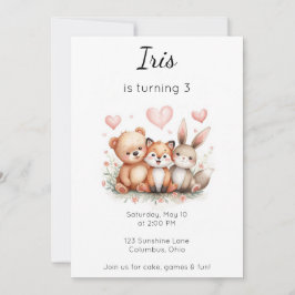 Woodland Animals Birthday Bear Fox Bunny Floral Einladung