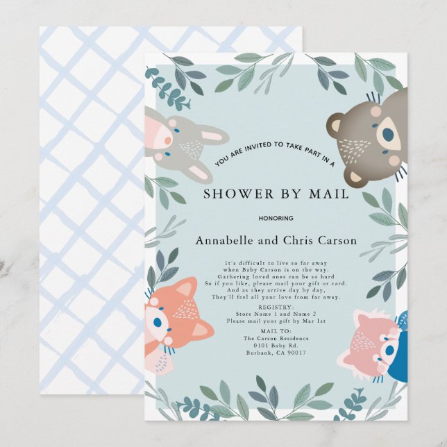 Woodland Animals Blue Boy Baby Dusche von Mail Einladung (Vorne/Hinten)