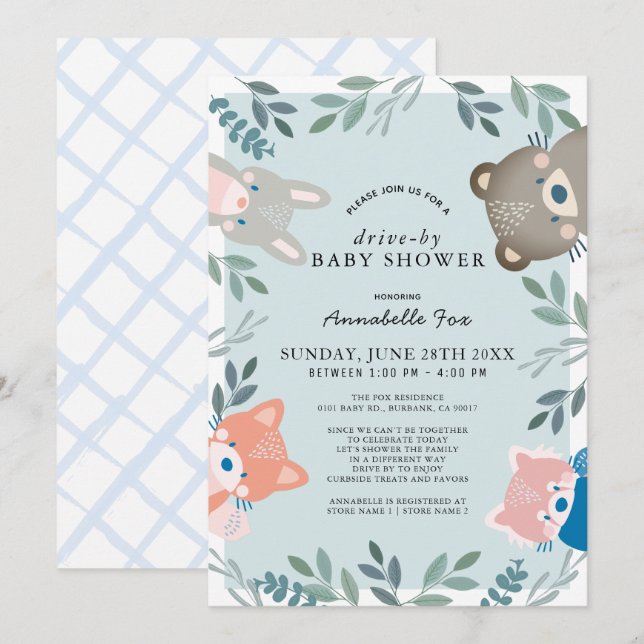 Woodland Animals Blue Boy Drive-by Baby Shower Einladung (Vorne/Hinten)