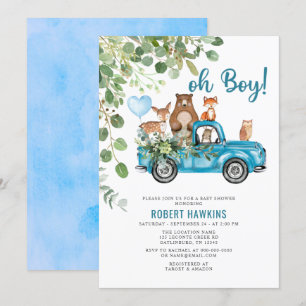 Woodland Animals Blue Truck Baby Dusche Einladung