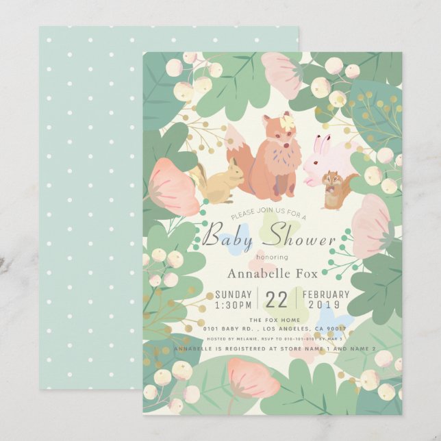 Woodland Animals Blumenfoliage Baby Dusche Einladung (Vorne/Hinten)