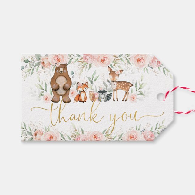 Woodland Animals Blush Bloral Baby Dusche Geburtst Geschenkanhänger (Vorderseite (Horizontal))