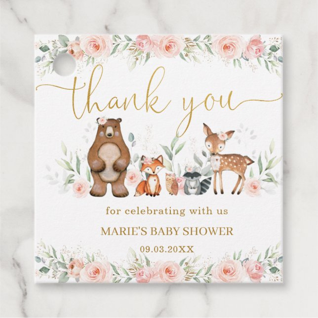 Woodland Animals Blush Bloral Baby Dusche Geburtst Geschenkanhänger (Vorderseite)