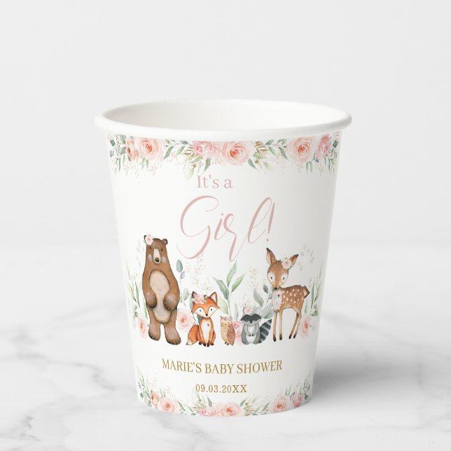 Woodland Animals Blush Bloral Baby Dusche Geburtst Pappbecher (Vorderseite)