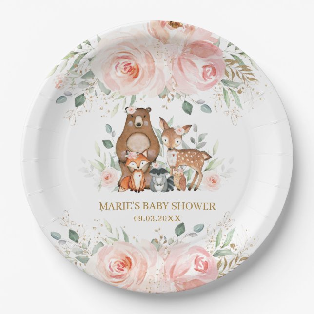Woodland Animals Blush Bloral Baby Dusche Geburtst Pappteller (Vorderseite)