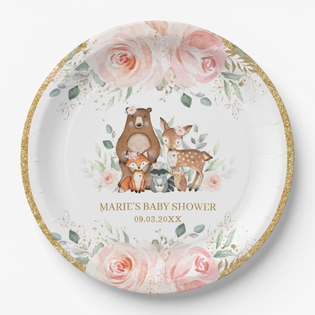 Woodland Animals Blush Bloral Baby Dusche Geburtst Pappteller (Vorderseite)