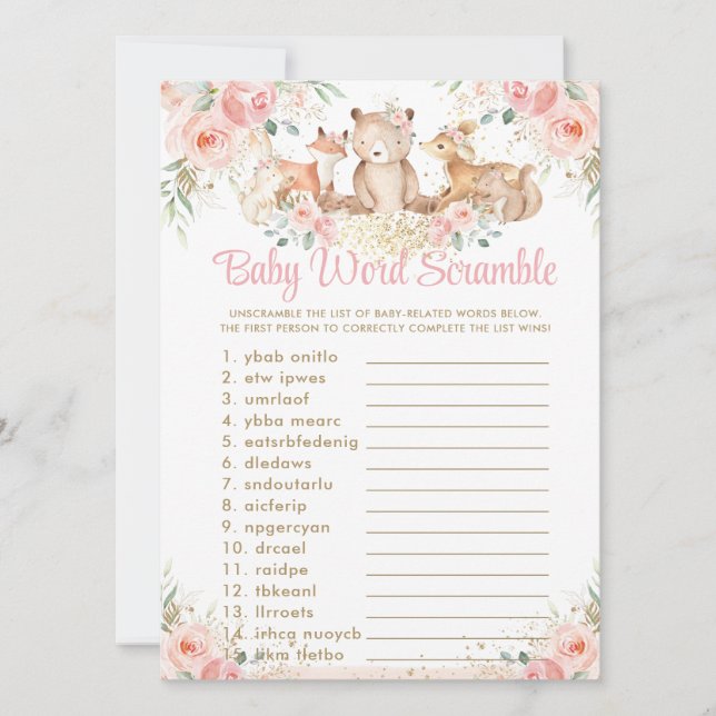 Woodland Animals Blush Bloral Baby Word Scramble Einladung (Vorderseite)