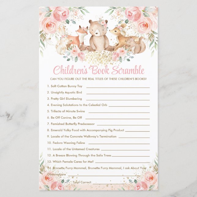 Woodland Animals Blush Floral Children's Book Game (Vorderseite)