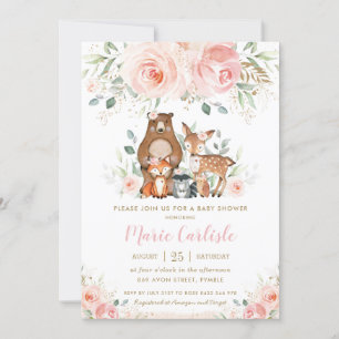 Woodland Animals Blush Floral Girl Baby Dusche Einladung