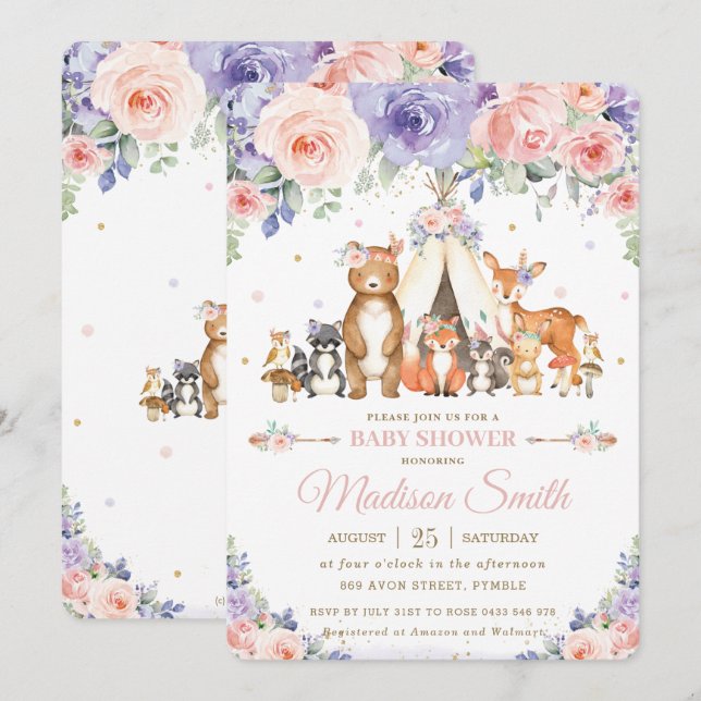 Woodland Animals Blush Lilac Floral Baby Dusche Einladung (Vorne/Hinten)