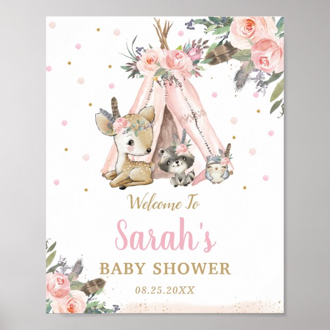 Woodland Animals Boho Tribal Baby Dusche Willkomme Poster (Vorne)