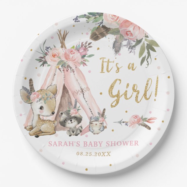 Woodland Animals Boho Tribal Girl Baby Dusche  Pappteller (Vorderseite)
