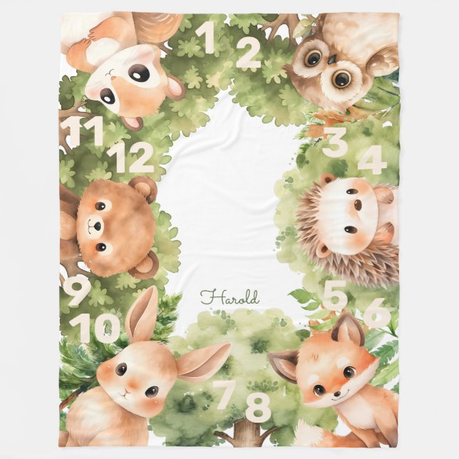 Woodland Animals Boy Baby Dusche Milestone Fleecedecke (Vorderseite)