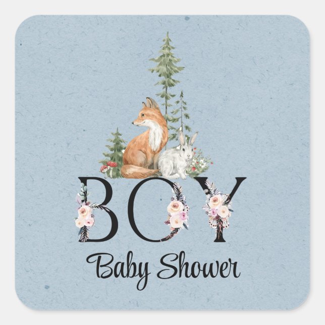 Woodland Animals Boy Baby Dusche Quadratischer Aufkleber (Vorderseite)