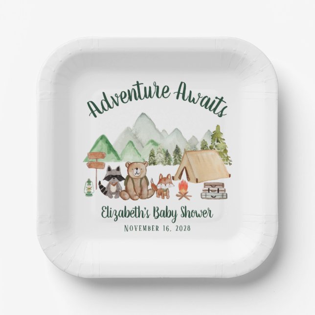 Woodland Animals Camping Adventure Baby Dusche Pappteller (Vorderseite)