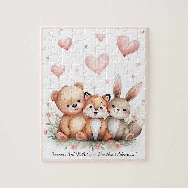 Woodland Animals Cute Bear Fox Bunny Pink Hearts (Vertikal)
