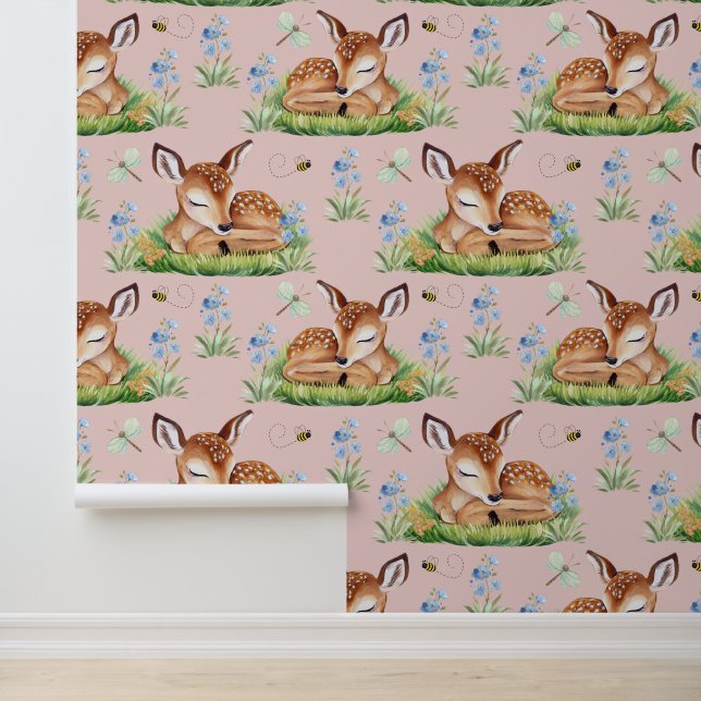Woodland Animals Deer Fawn Baby Girl Kinderzimmer Tapete (Anwendung)