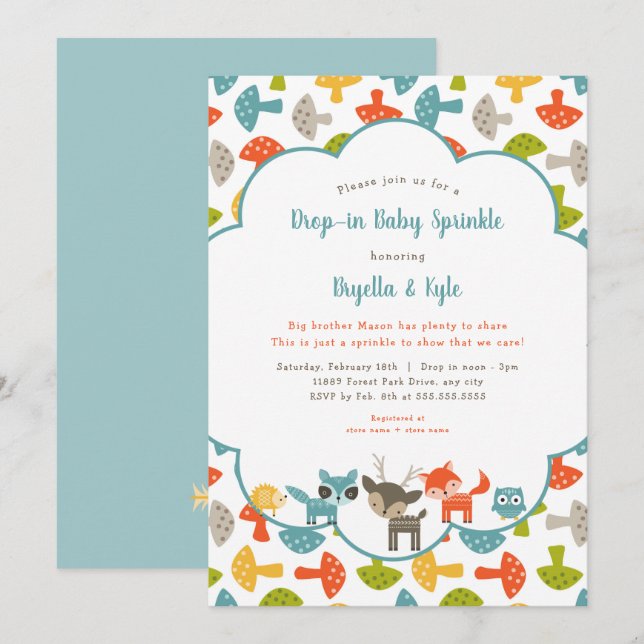 Woodland Animals Drop-in-Baby-Sprinkle Einladung (Vorne/Hinten)