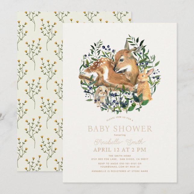 Woodland Animals Fawn Bunny Greenerity Baby Shower Einladung (Vorne/Hinten)