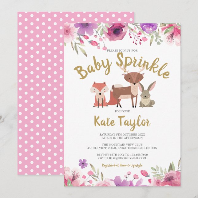 Woodland Animals Floral Baby Girl Sprinkle/Dusche Einladung (Vorne/Hinten)