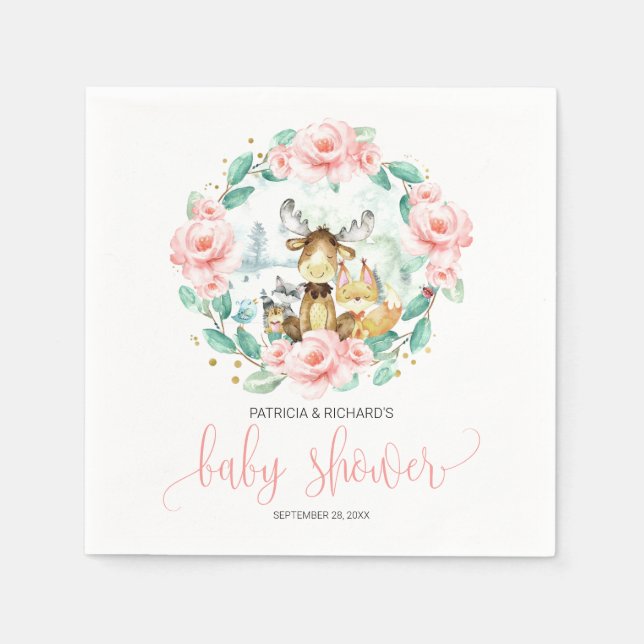 Woodland Animals Floral Greenery Baby Shower Serviette (Vorderseite)