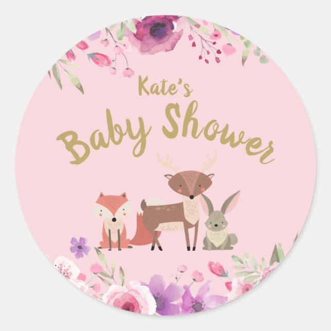 Woodland Animals Floral Pink Baby Dusche Runder Aufkleber (Vorderseite)
