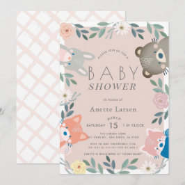 Woodland Animals Floral Pink Girl Babydusche Einladung
