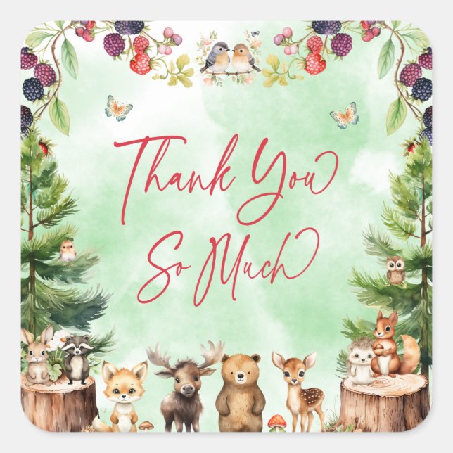 Woodland Animals Forest Baby Dusche Vielen Dank Quadratischer Aufkleber (Vorderseite)