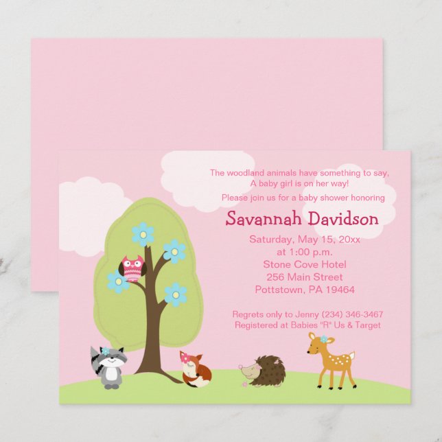 Woodland Animals Girl Baby Dusche Einladung (Vorne/Hinten)