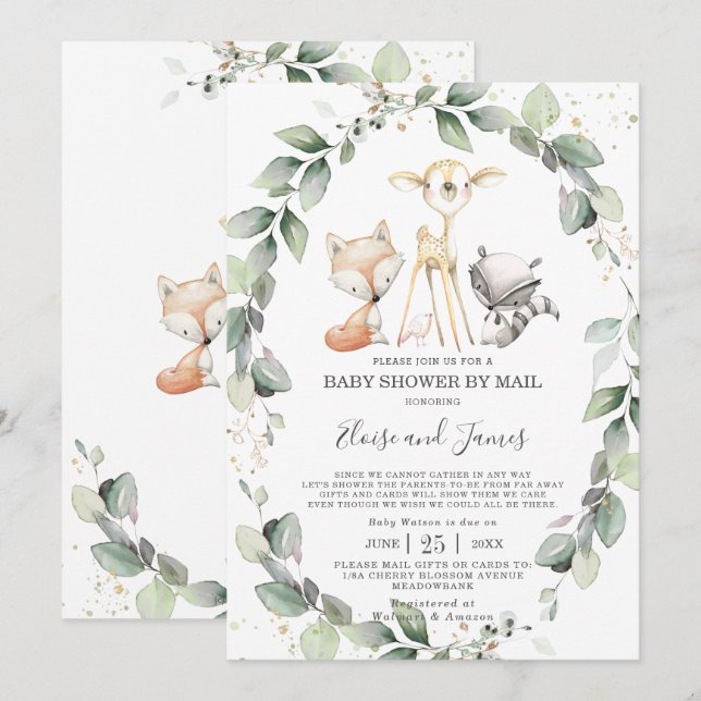 Woodland Animals Greenerity Baby Shower by Mail Einladung (Vorne/Hinten)