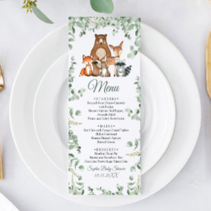 Woodland Animals Greenerity Baby Shower Flat Menu Menükarte
