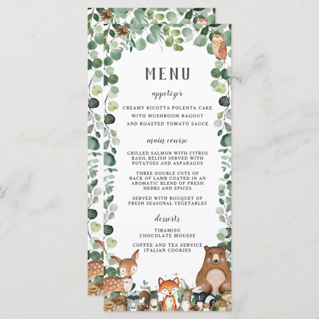 Woodland Animals Greenerity Baby Shower Party Menü Programm (Vorne/Hinten)