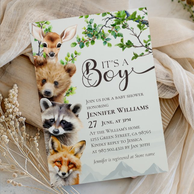 Woodland Animals Greenery It’s a Boy Baby Shower Einladung (Von Creator hochgeladen)