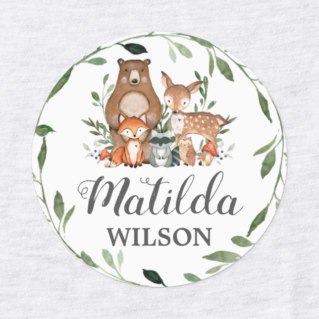 Woodland Animals Grünschule Name Kleidung Etiketten (Design 1)