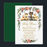 Woodland Animals Holiday Baby Dusche Gold Einladung<br><div class="desc">Aquarell Woodland Tiere Kinderdusche Einladung. Zu den Kleinkindern zählen Bären,  Hirsch,  Elch,  Raccoon,  Kaninchen,  Fox und Schale auf Kiefern. Die Ferienflora umfasst elegante,  wasserfarbene Poinsettias,  weiße Rosen,  Pinienbäume,  heilige Beeren,  Baumwolle und botanisches Grün. Goldenes Drehbuch.</div>