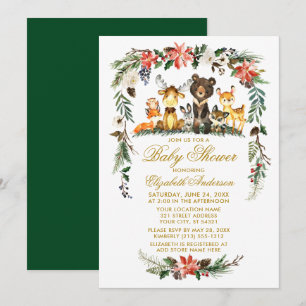 Woodland Animals Holiday Baby Dusche Gold Einladung