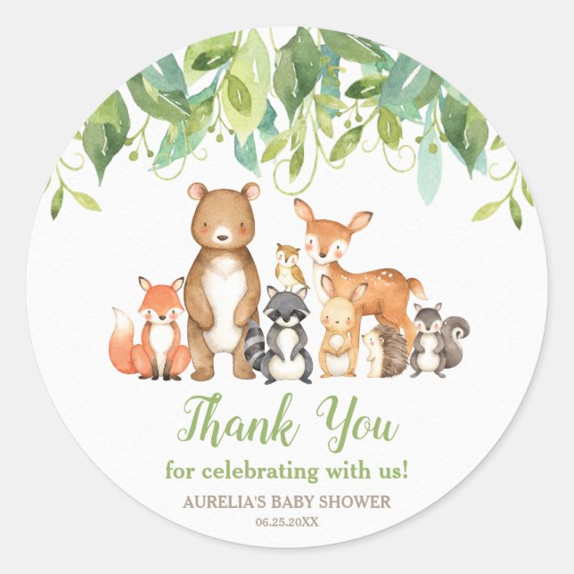 Woodland Animals Kinderdusche Danke für Ihre Liebl Runder Aufkleber (Vorderseite)